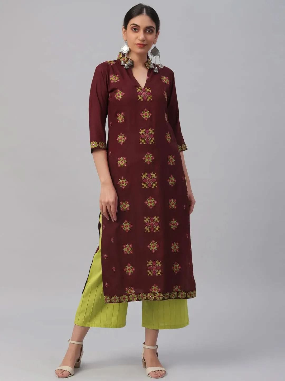 Libas Maroon Embroidered Rayon Kurta