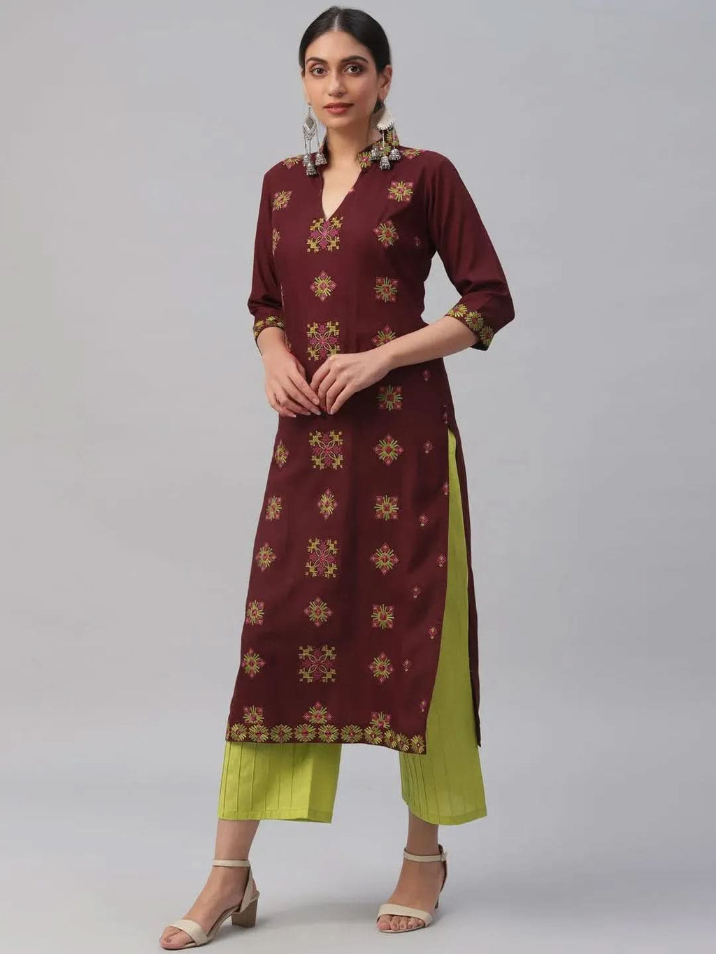 Libas Maroon Embroidered Rayon Kurta