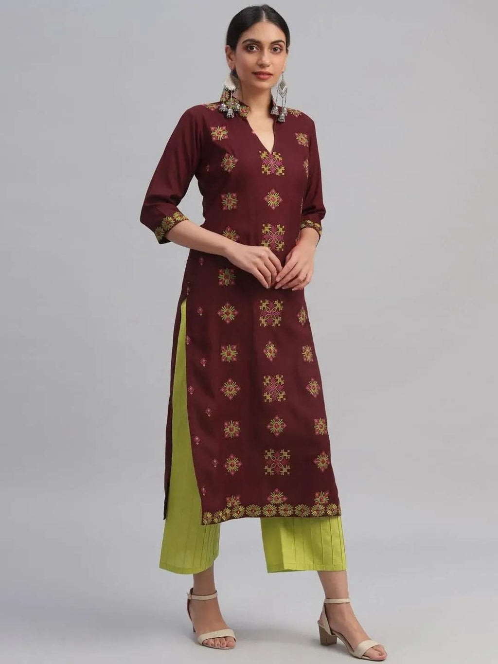 Libas Maroon Embroidered Rayon Kurta