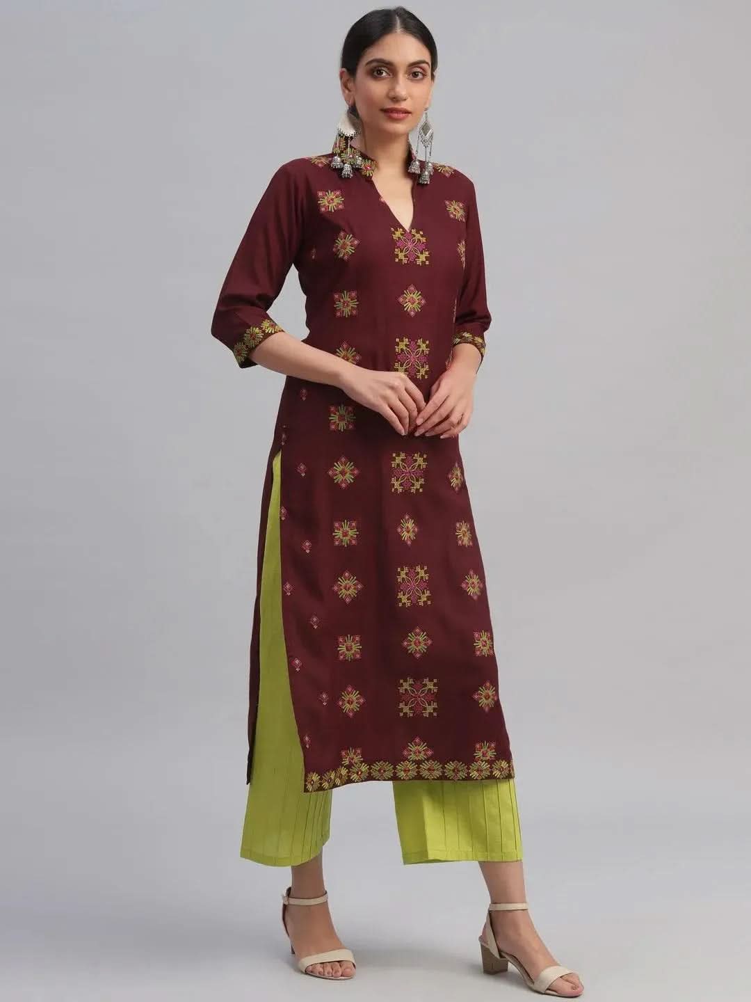 Libas Maroon Embroidered Rayon Kurta