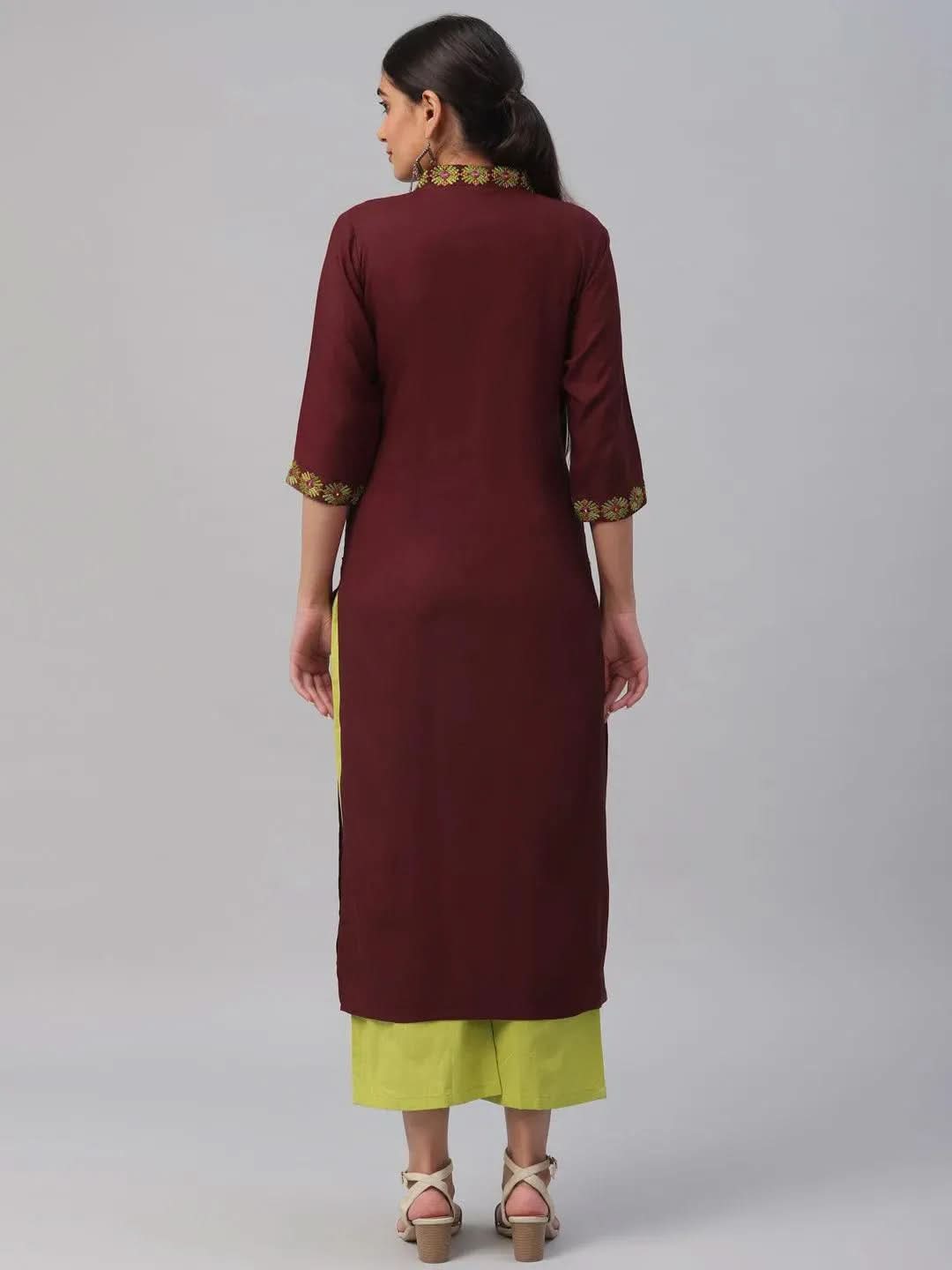 Libas Maroon Embroidered Rayon Kurta