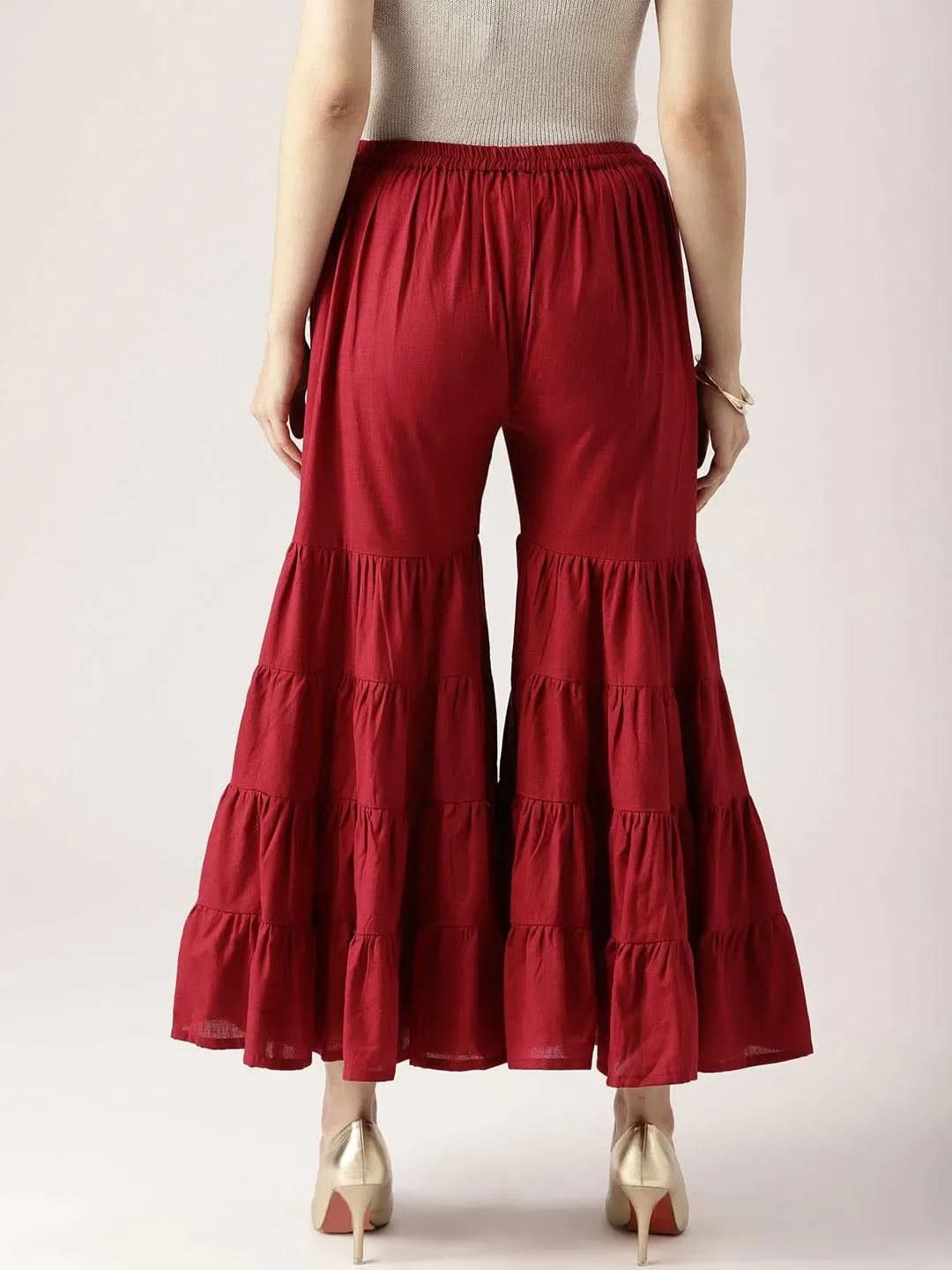 Libas Maroon Solid Cotton Palazzos