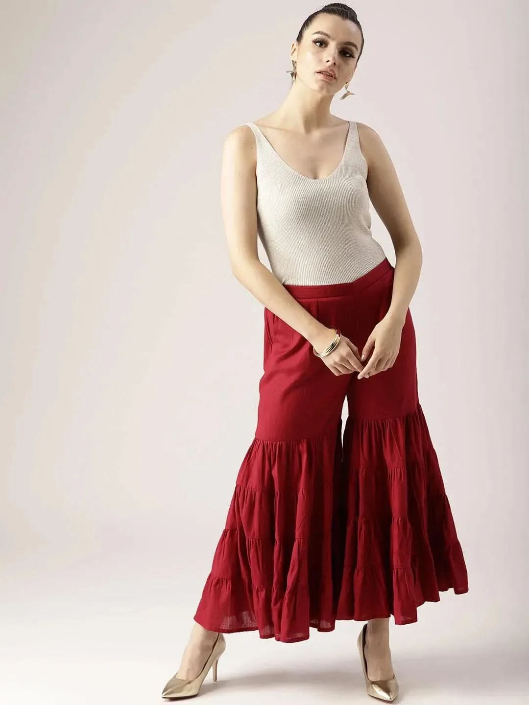 Libas Maroon Solid Cotton Palazzos