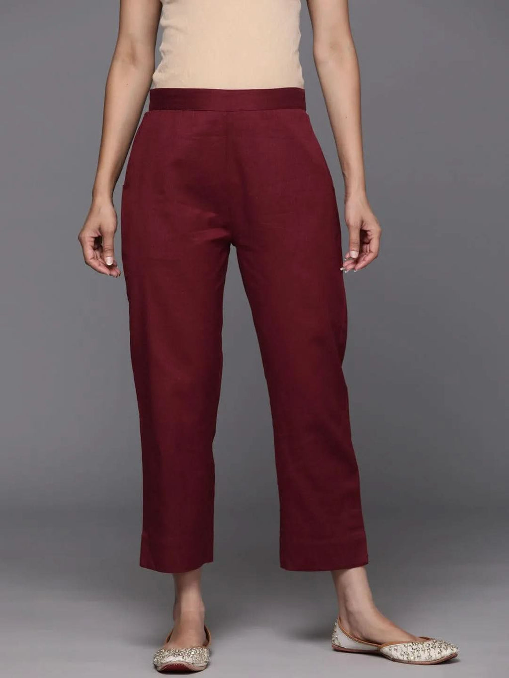 Libas Maroon Solid Cotton Trousers