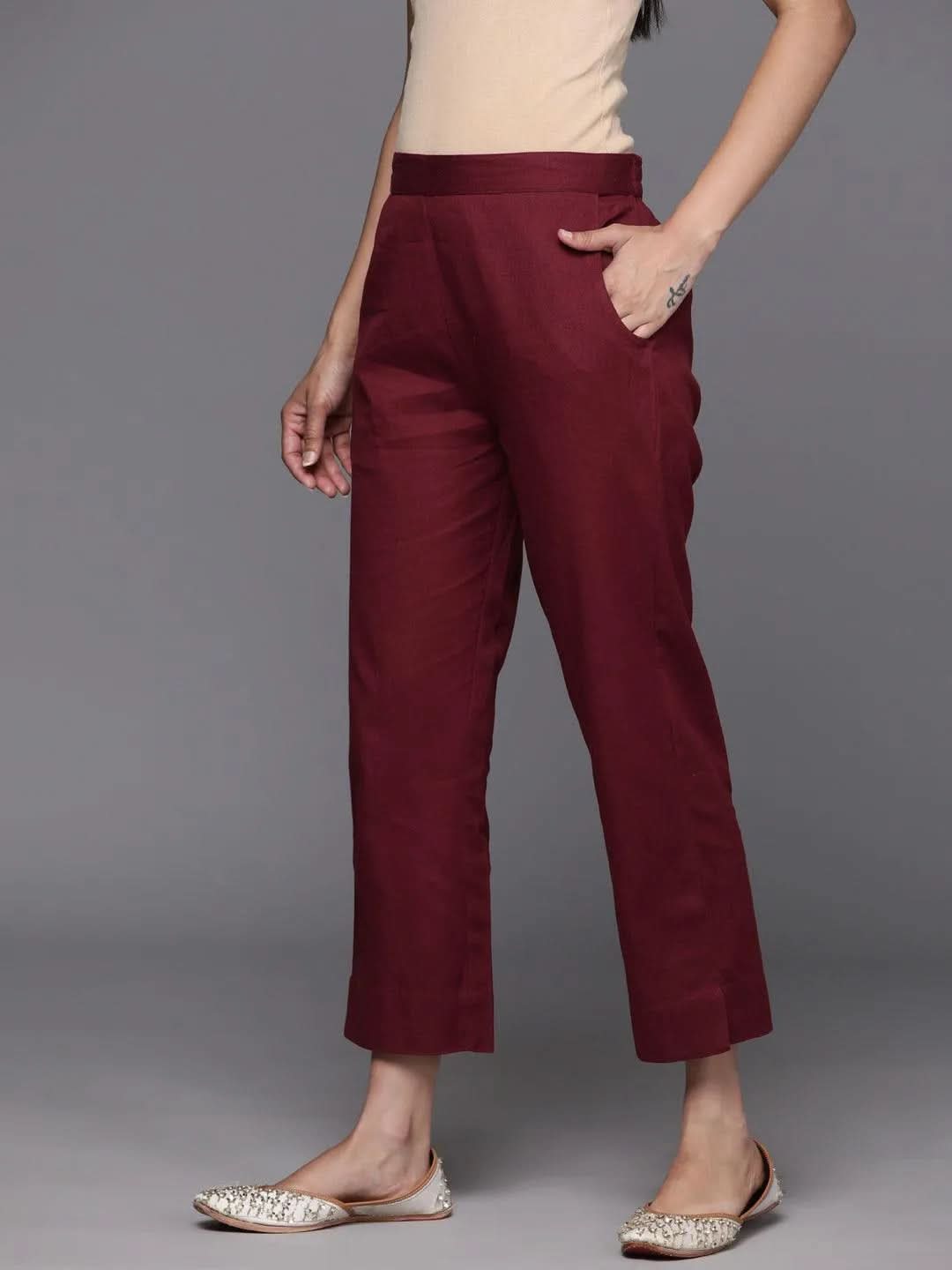 Libas Maroon Solid Cotton Trousers