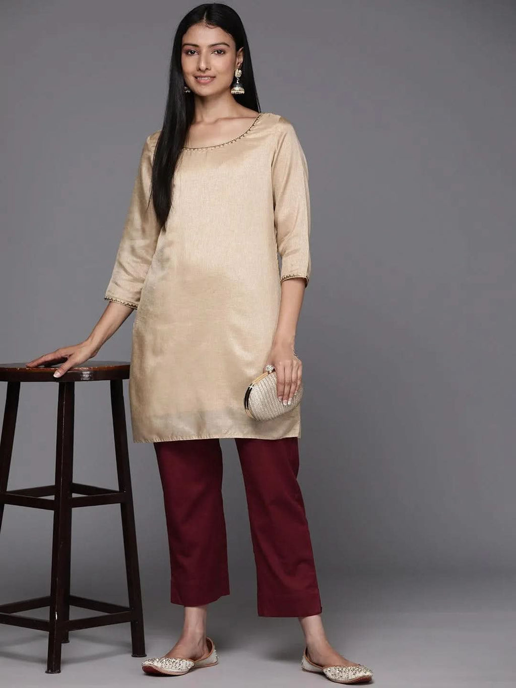 Libas Maroon Solid Cotton Trousers