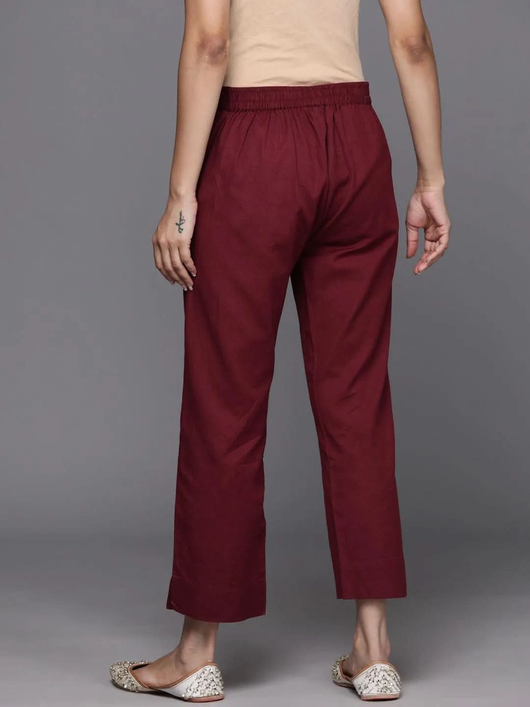 Libas Maroon Solid Cotton Trousers