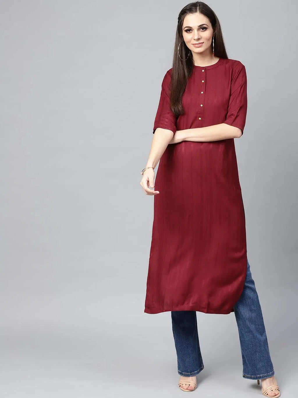 Libas Maroon Solid Rayon Kurta