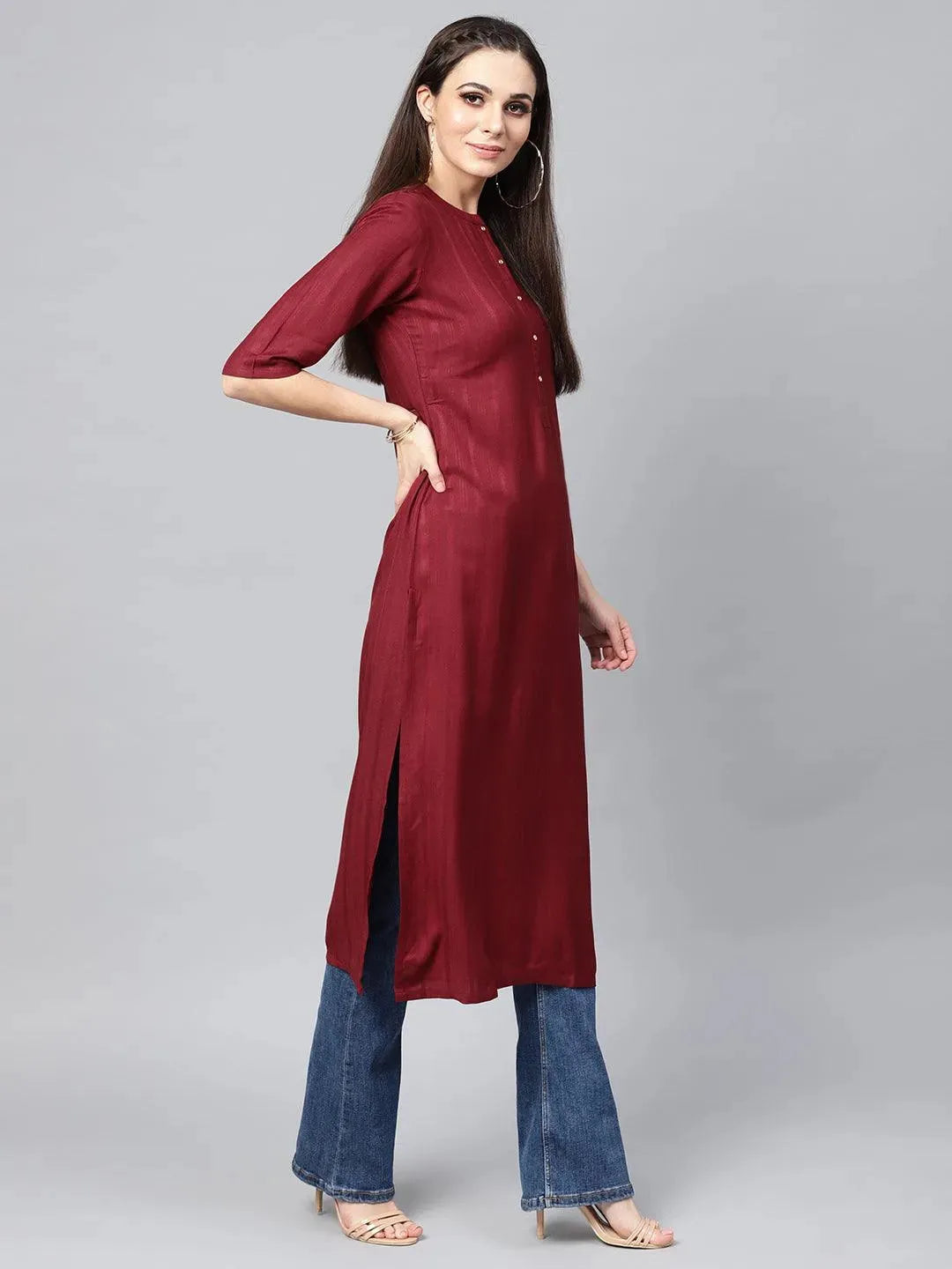 Libas Maroon Solid Rayon Kurta