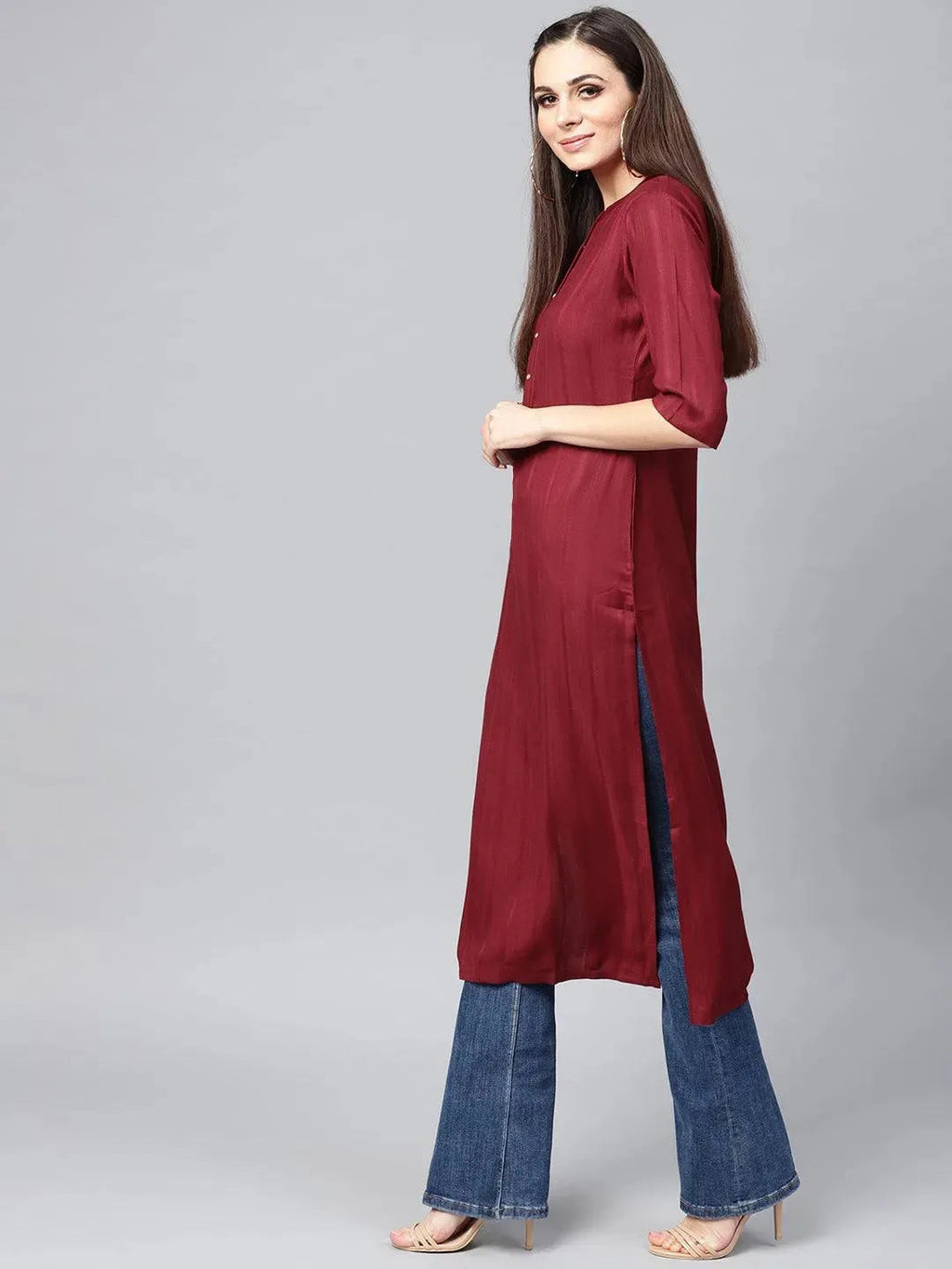 Libas Maroon Solid Rayon Kurta