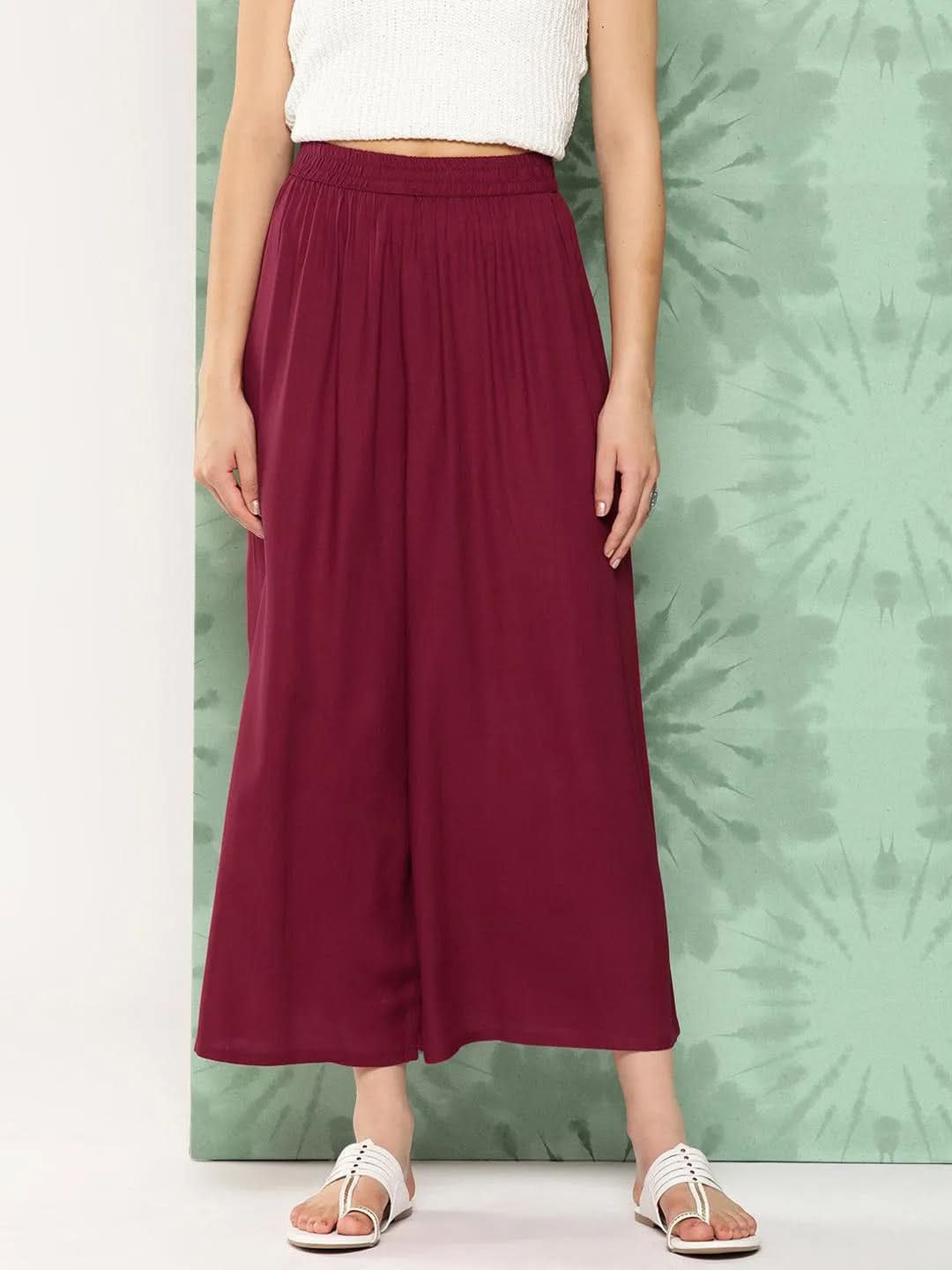 Libas Maroon Solid Rayon Palazzos