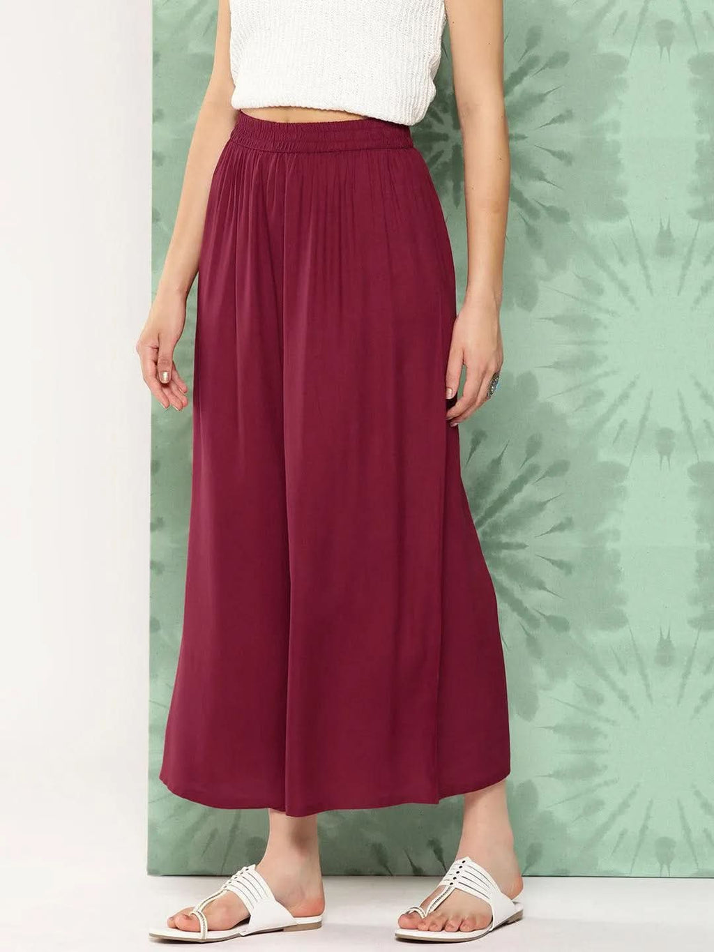 Libas Maroon Solid Rayon Palazzos