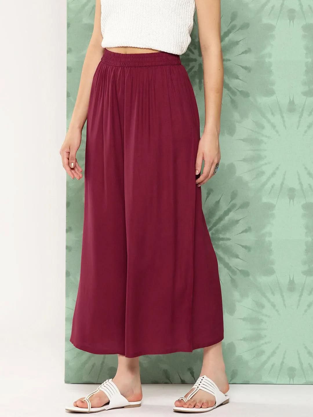Libas Maroon Solid Rayon Palazzos