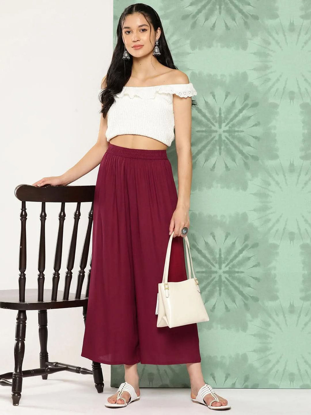 Libas Maroon Solid Rayon Palazzos