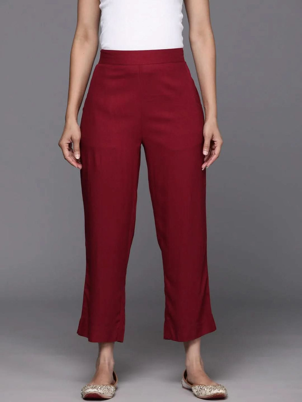 Libas Maroon Solid Rayon Trousers