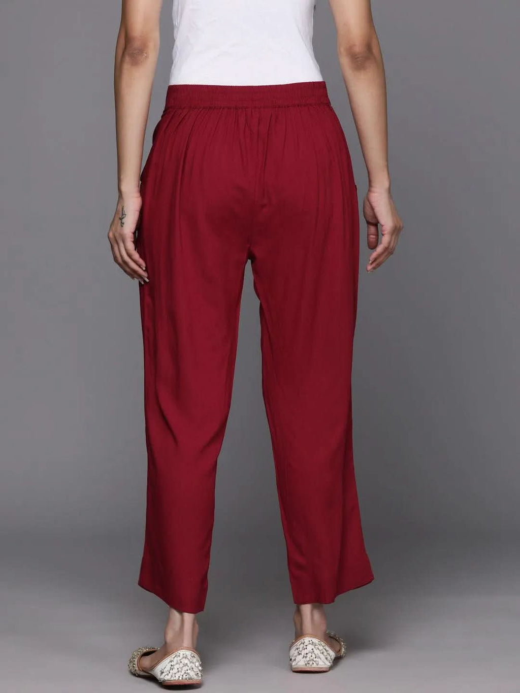 Libas Maroon Solid Rayon Trousers