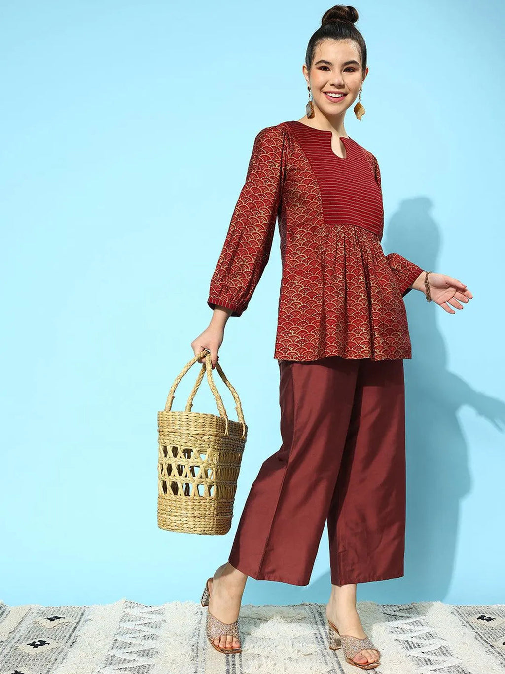 Libas Maroon Solid Silk Palazzos