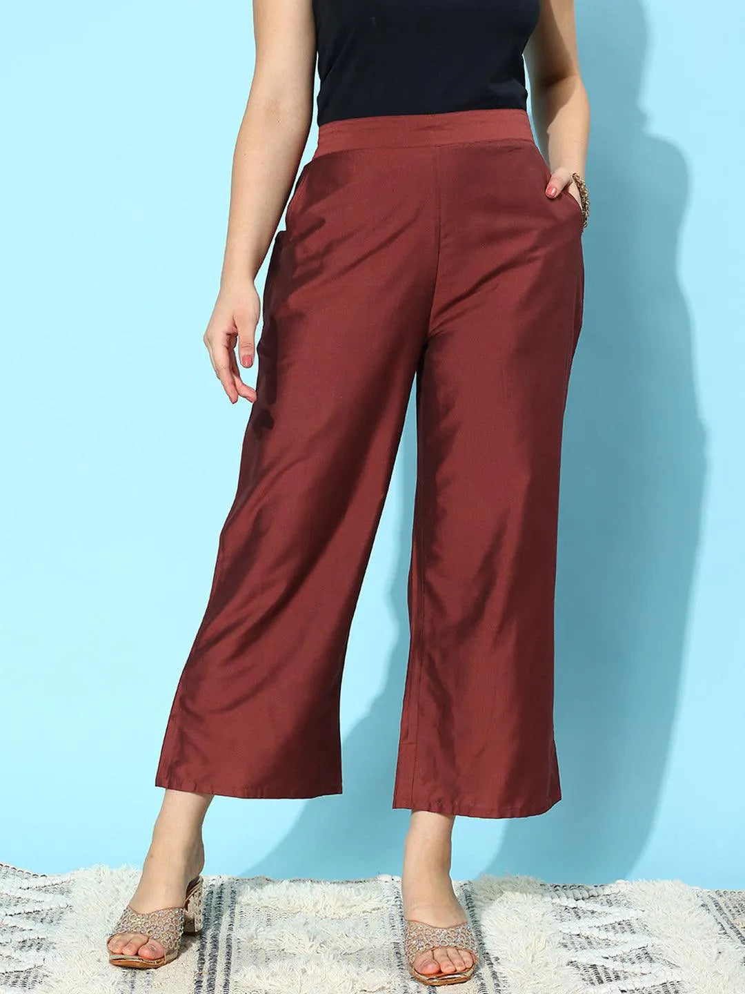 Libas Maroon Solid Silk Palazzos
