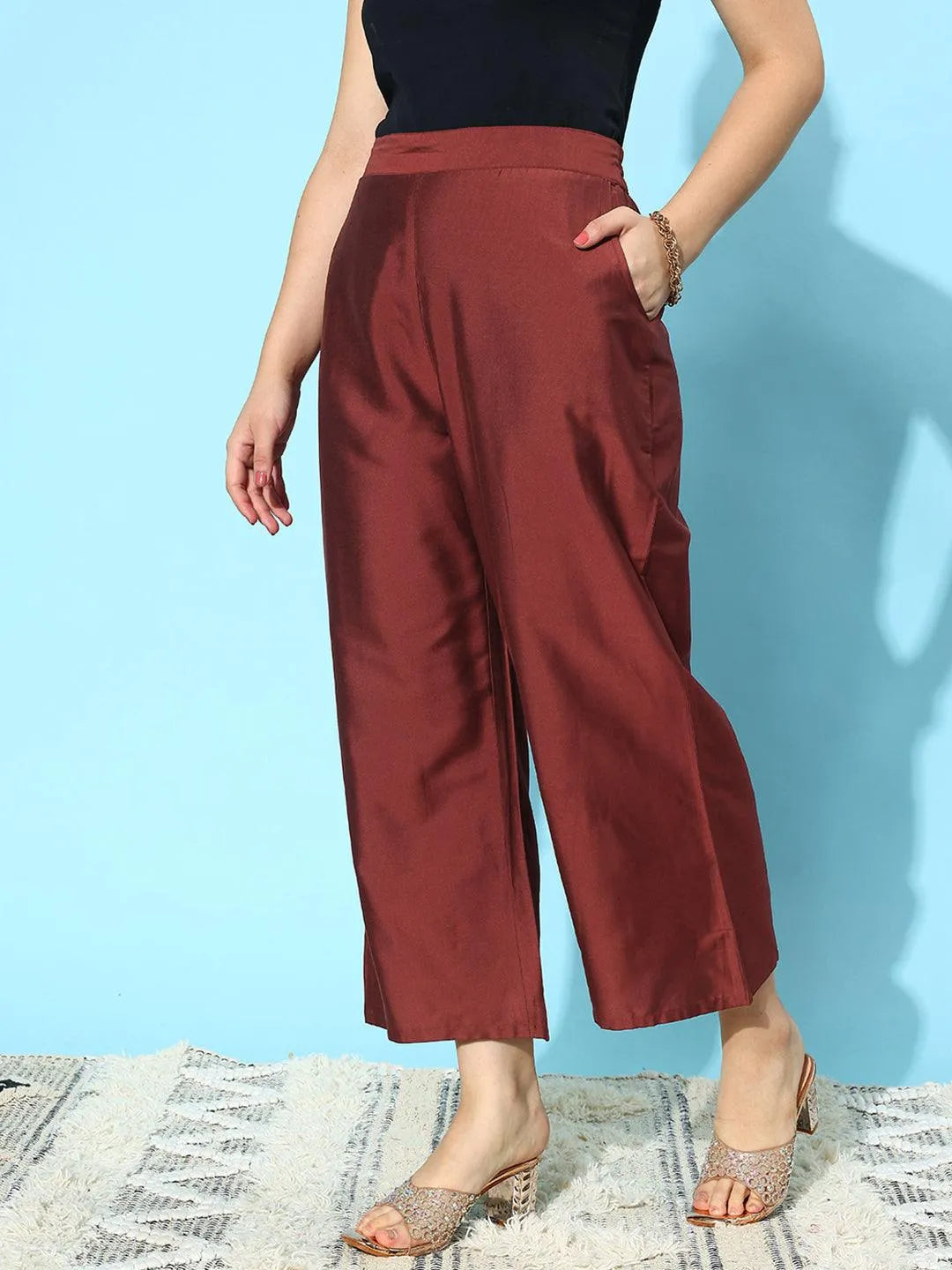 Libas Maroon Solid Silk Palazzos