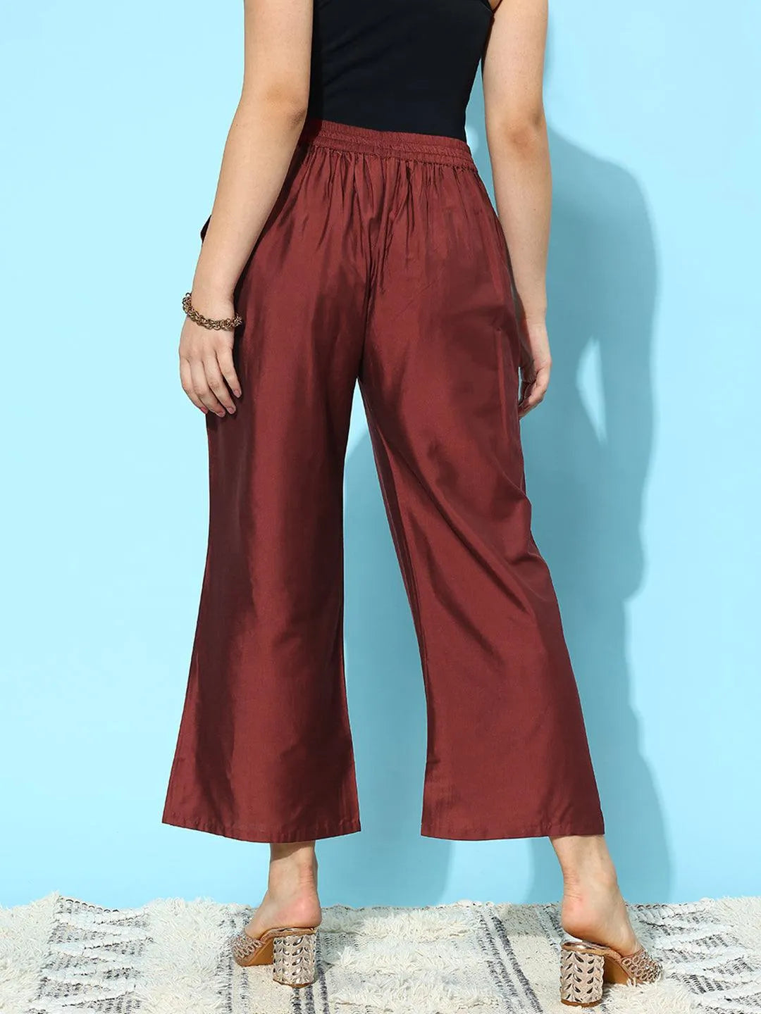 Libas Maroon Solid Silk Palazzos