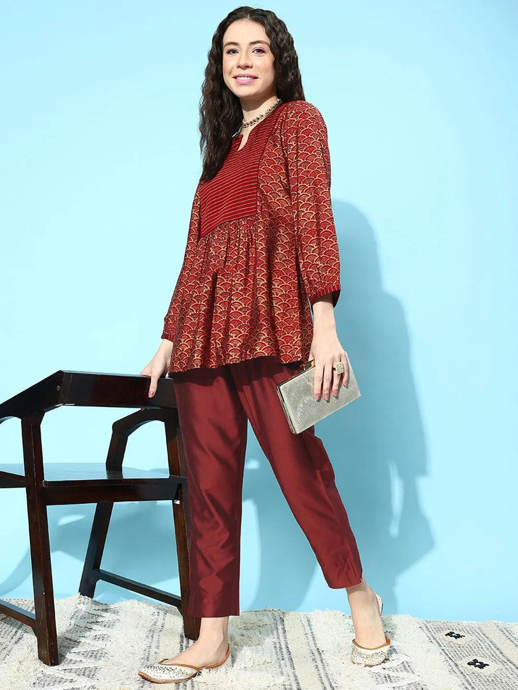 Libas Maroon Solid Silk Trousers