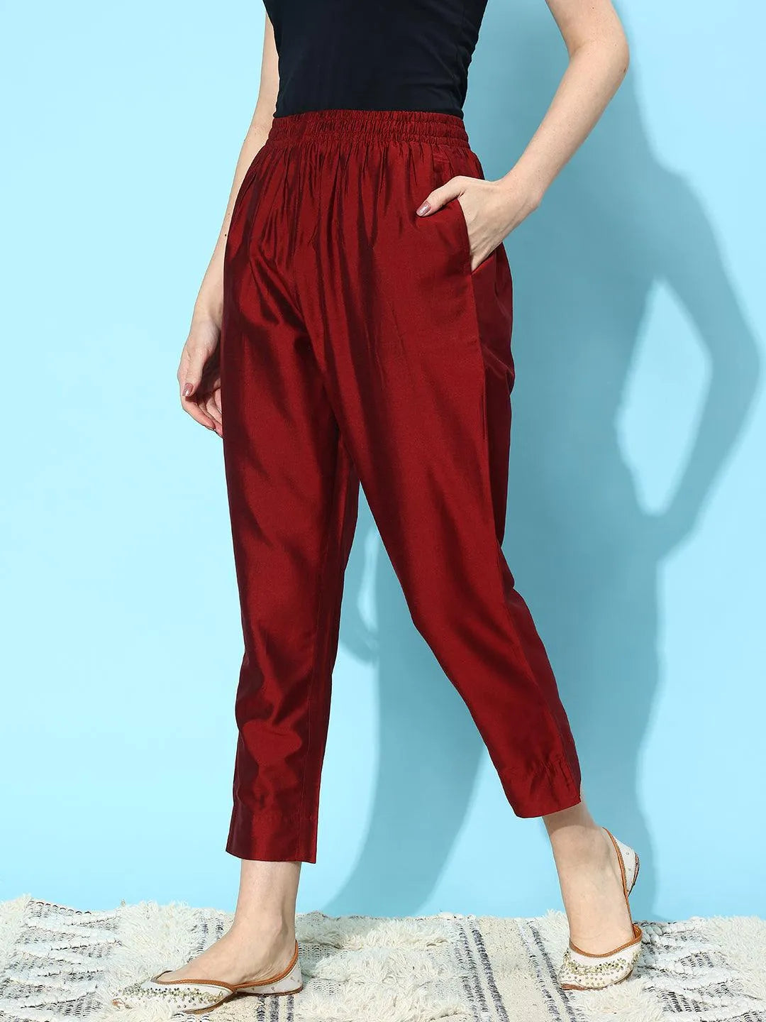Libas Maroon Solid Silk Trousers