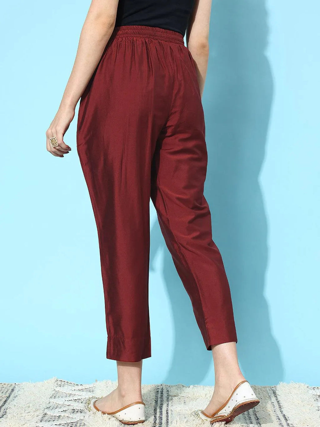 Libas Maroon Solid Silk Trousers