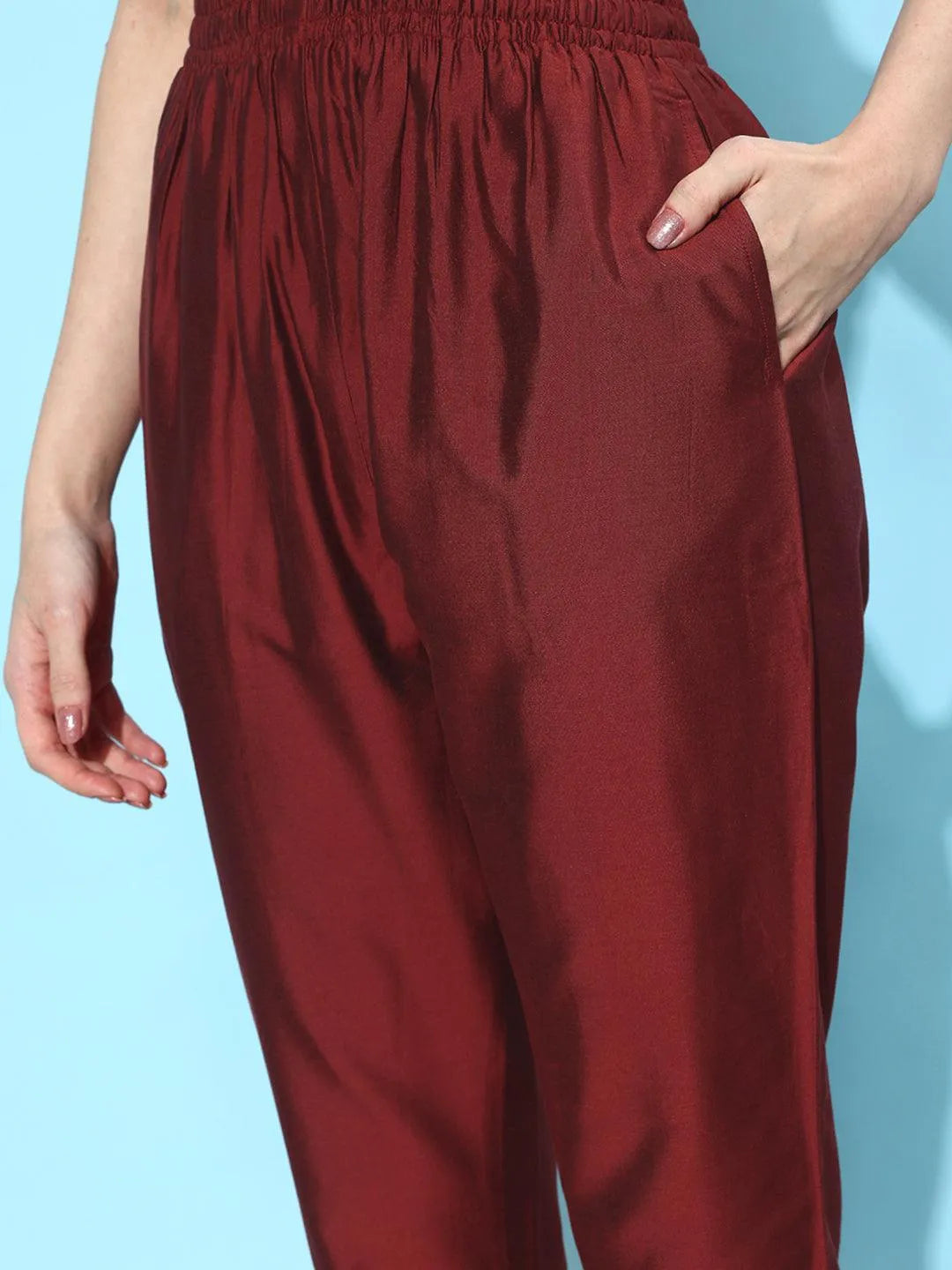 Libas Maroon Solid Silk Trousers
