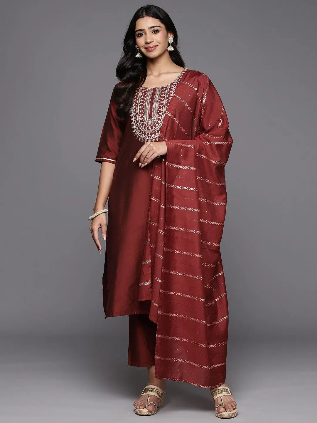 Gerua Maroon Yoke Design Silk Blend Straight Suit With Dupatta