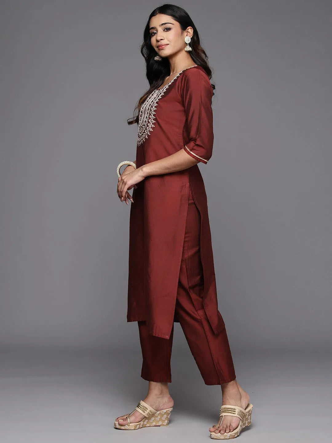 Gerua Maroon Yoke Design Silk Blend Straight Suit With Dupatta
