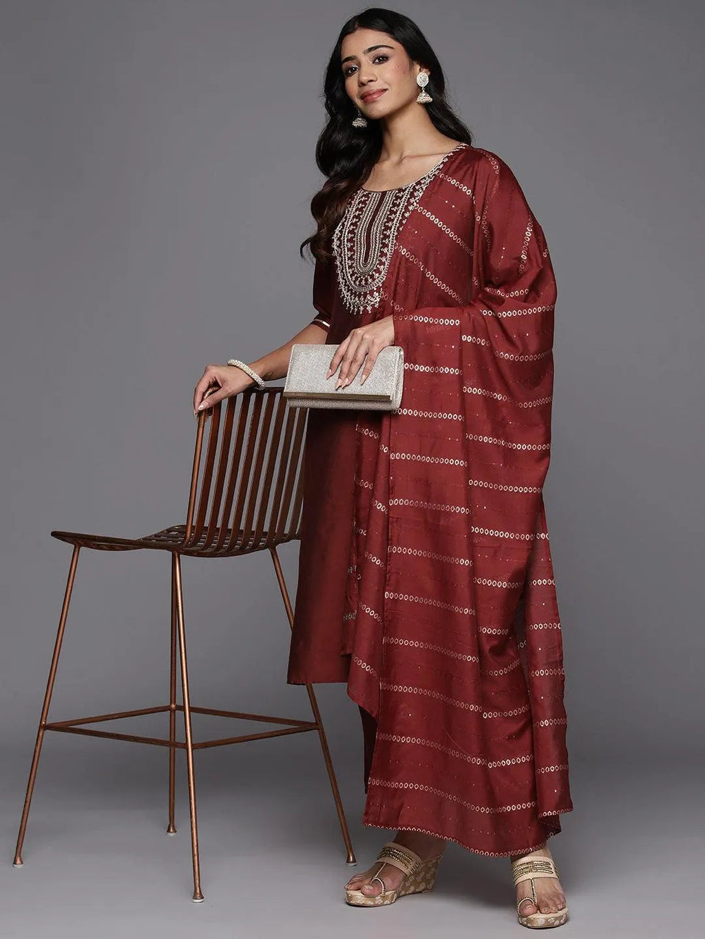 Gerua Maroon Yoke Design Silk Blend Straight Suit With Dupatta