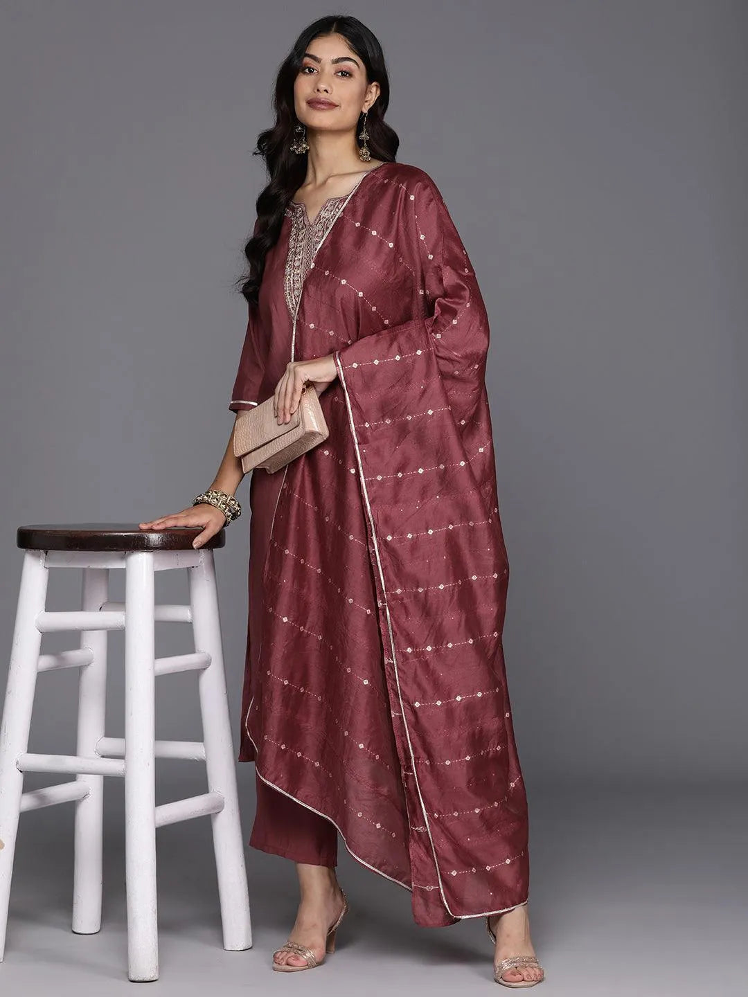 Gerua Mauve Yoke Design Silk Blend Straight Suit With Dupatta