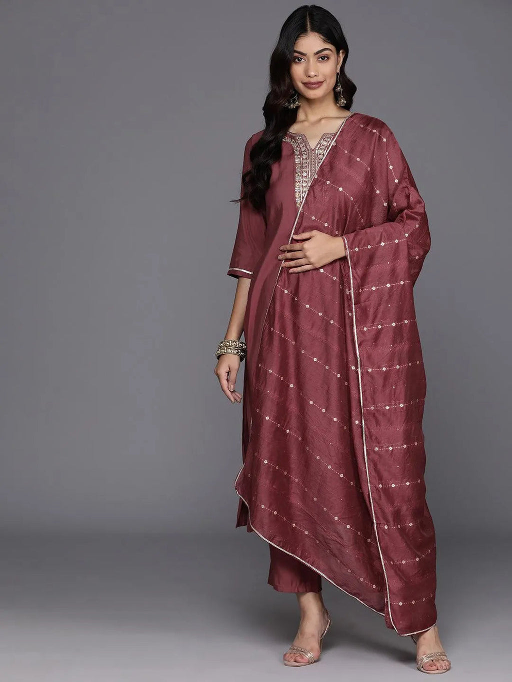 Gerua Mauve Yoke Design Silk Blend Straight Suit With Dupatta