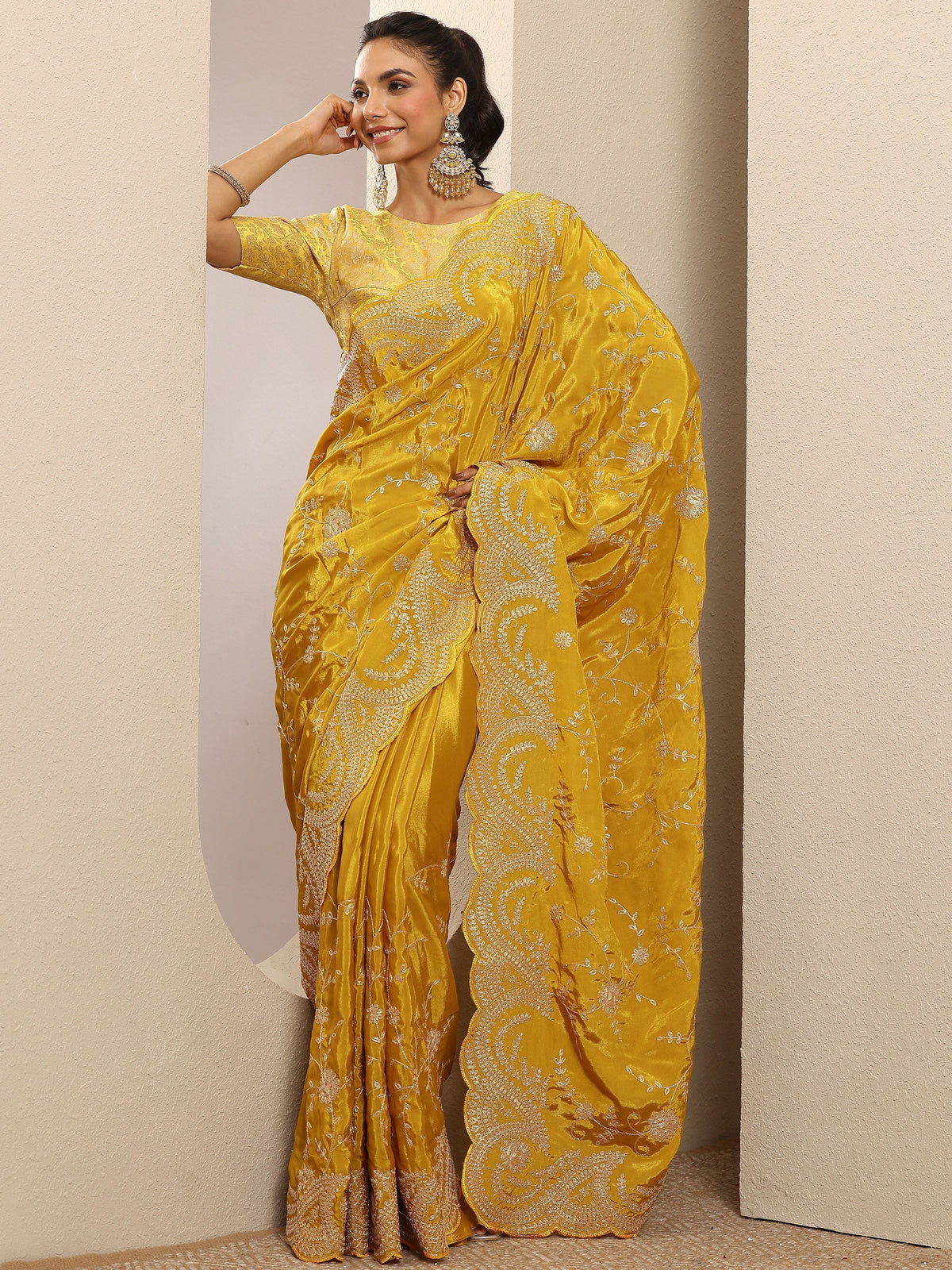 Libas Mustard Embroidered Silk Blend Saree With Unstitched Blouse Piece