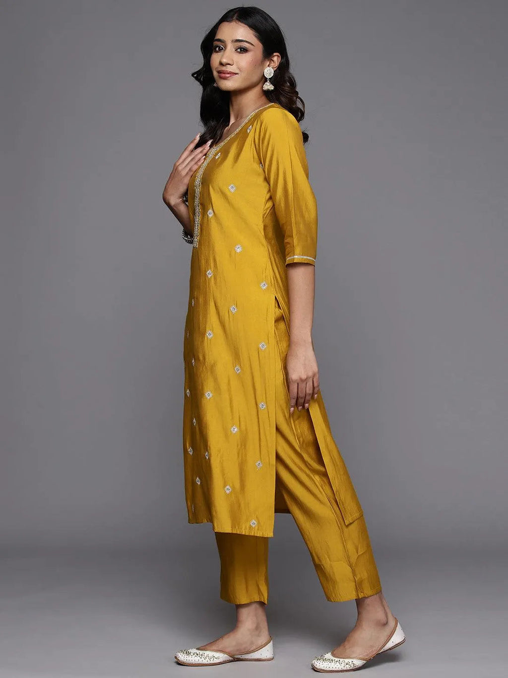 Gerua Mustard Embroidered Silk Blend Straight Suit With Dupatta