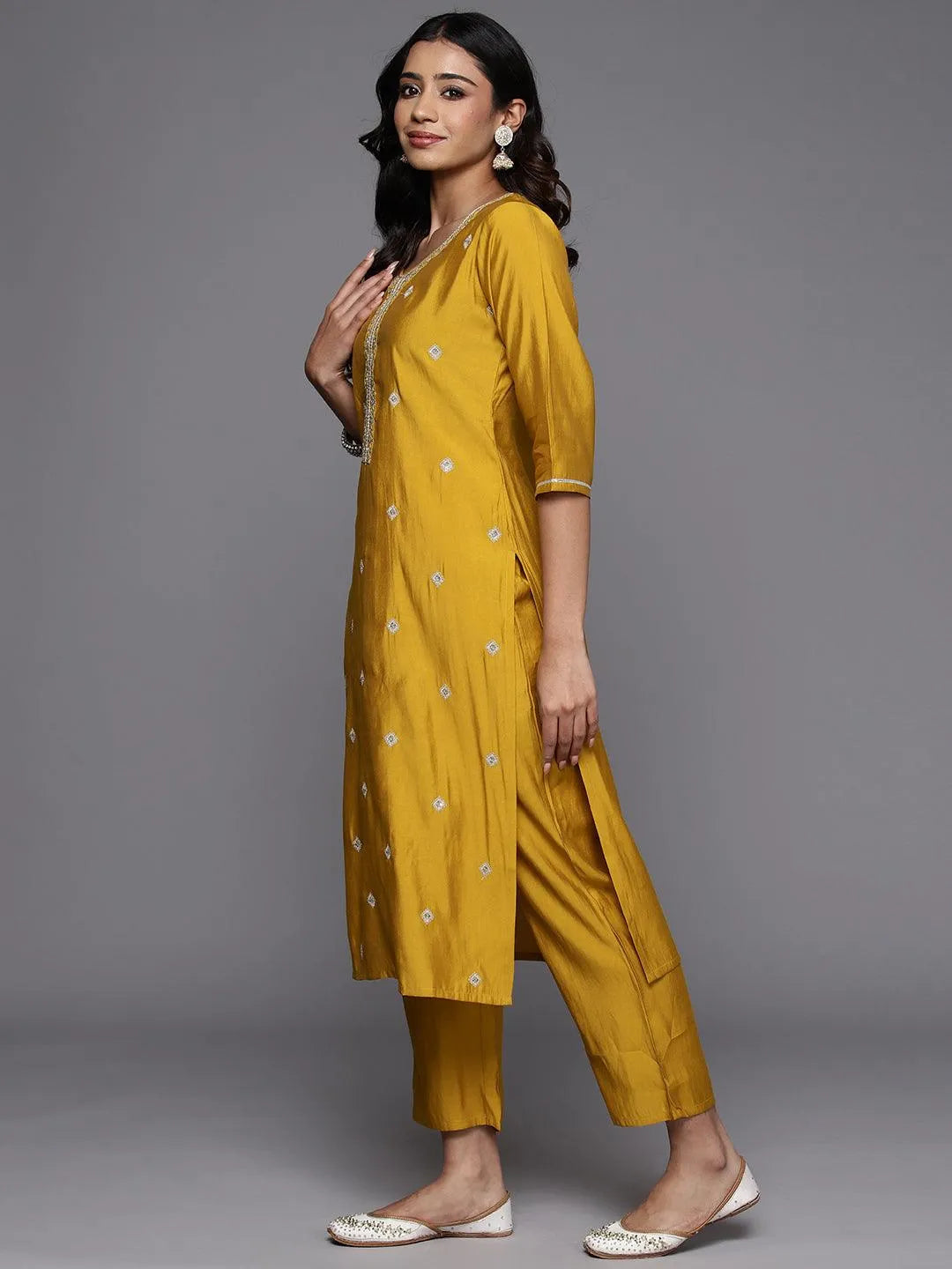 Gerua Mustard Embroidered Silk Blend Straight Suit With Dupatta