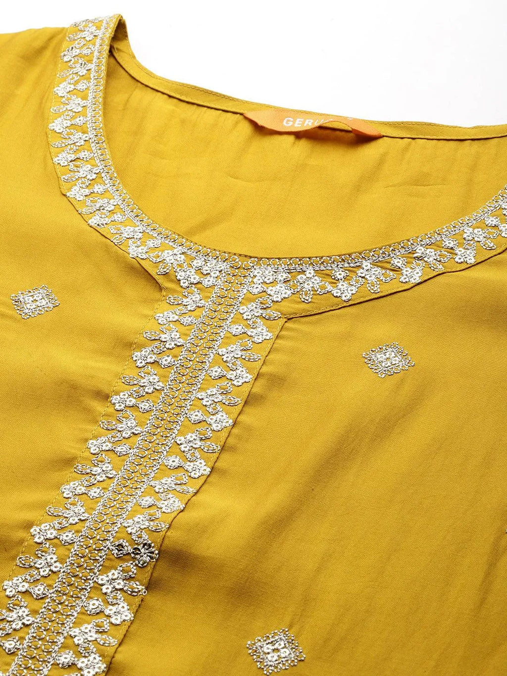 Gerua Mustard Embroidered Silk Blend Straight Suit With Dupatta