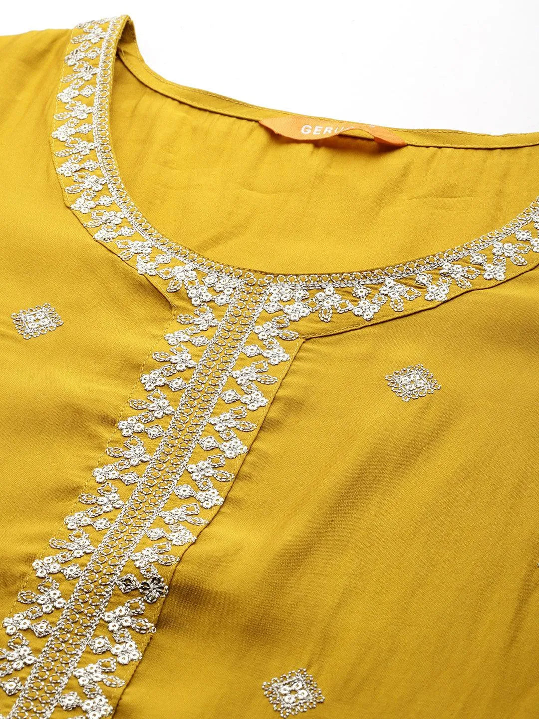 Gerua Mustard Embroidered Silk Blend Straight Suit With Dupatta
