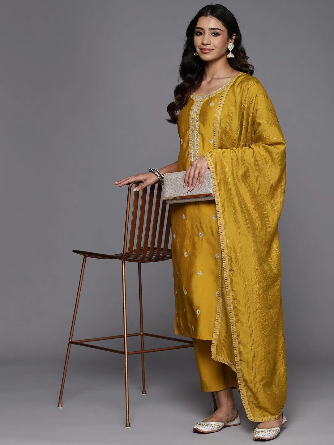 Gerua Mustard Embroidered Silk Blend Straight Suit With Dupatta