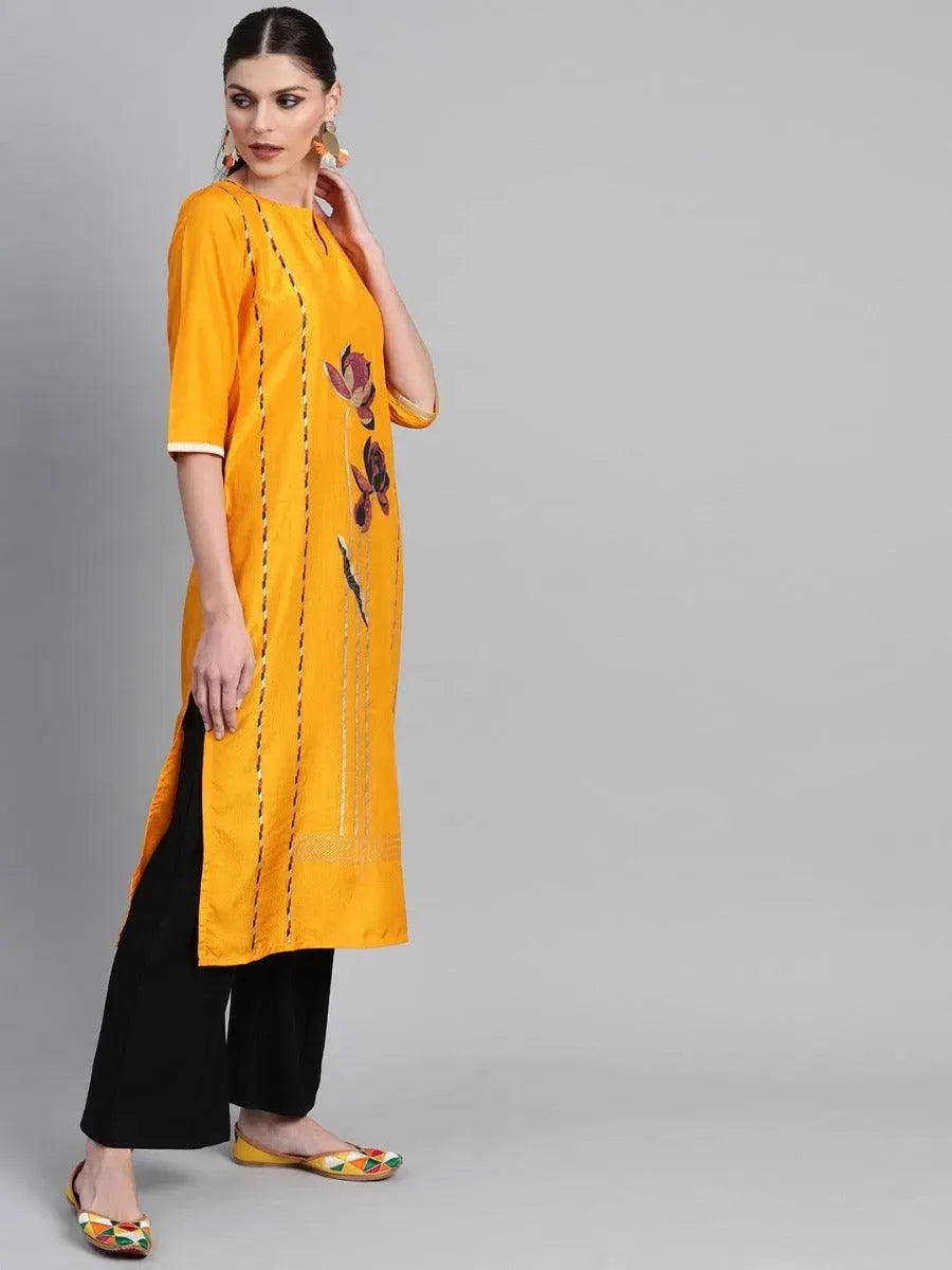 Libas Mustard Self Design Chanderi Kurta