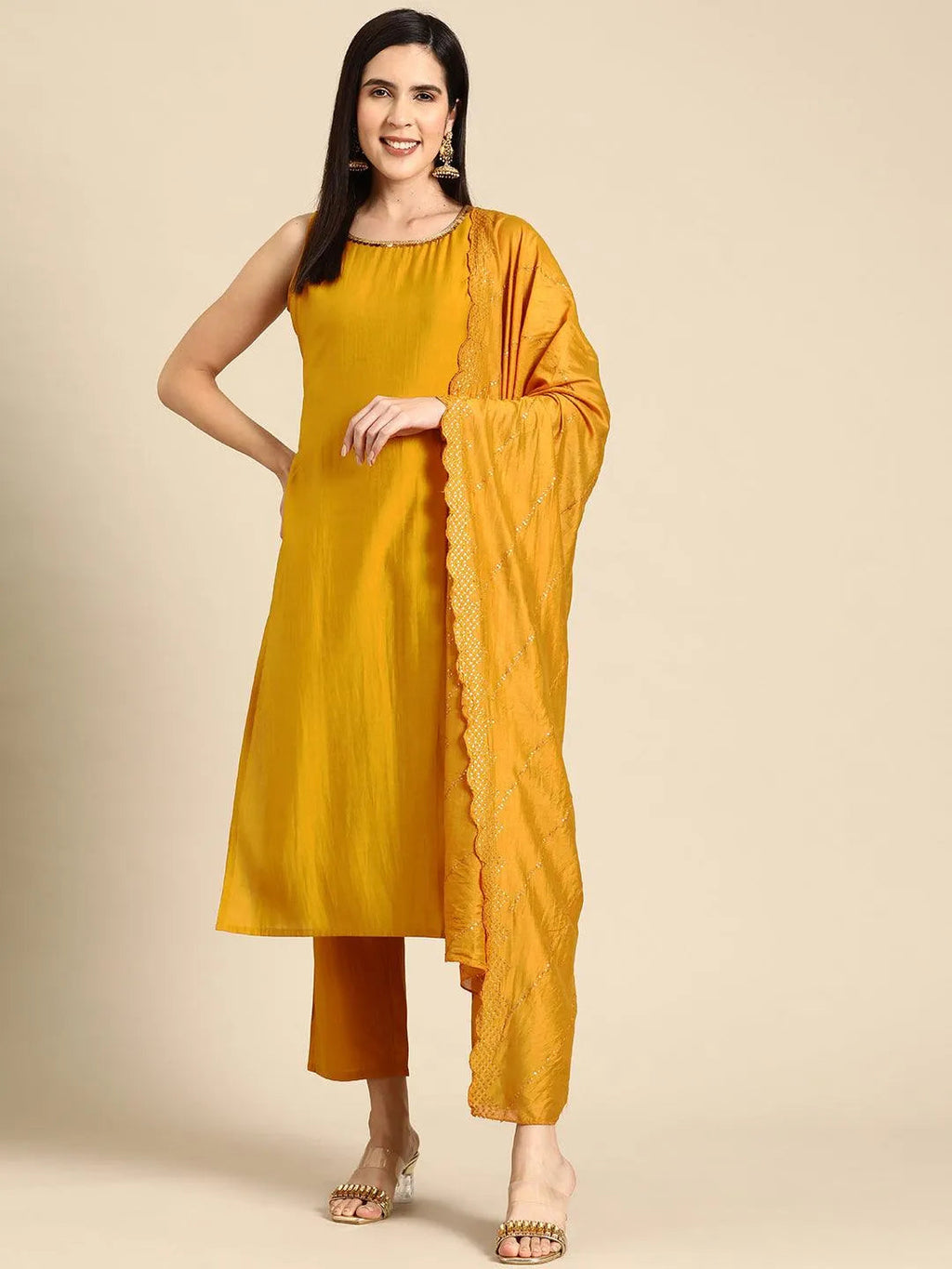Gerua Mustard Solid Silk Blend Straight Suit With Dupatta