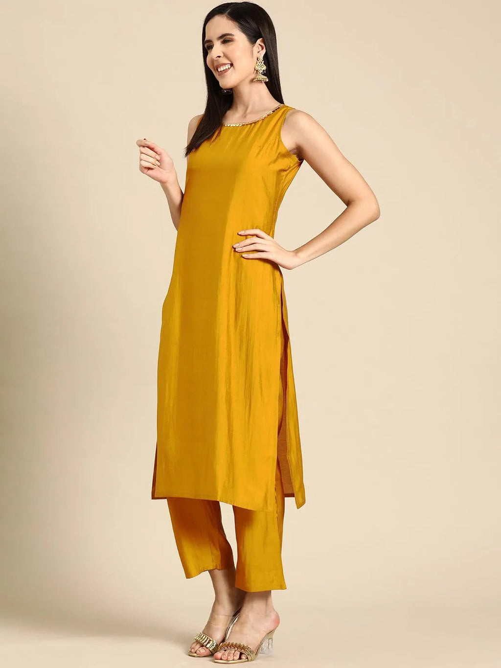 Gerua Mustard Solid Silk Blend Straight Suit With Dupatta