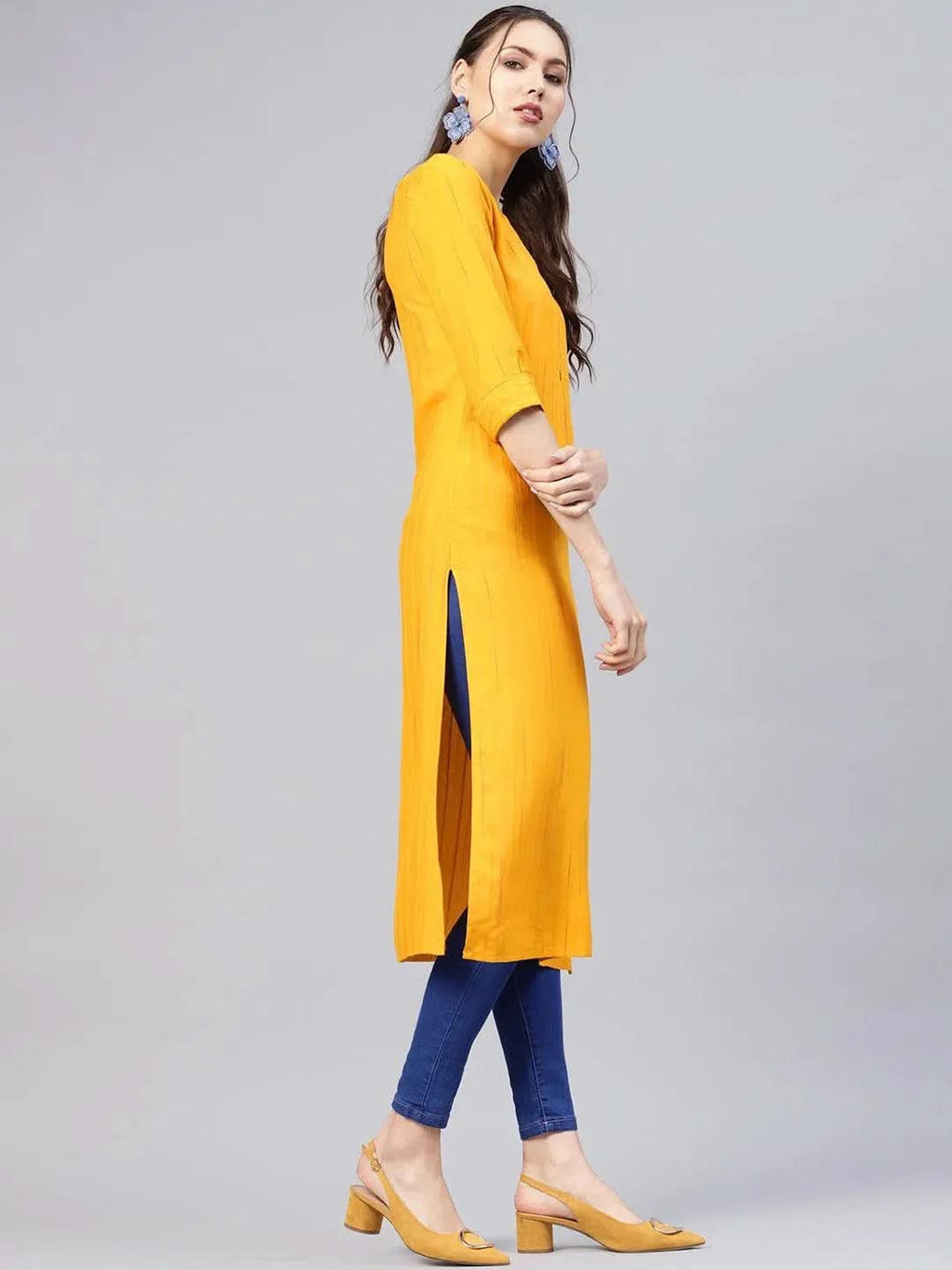 Libas Mustard Striped Rayon Kurta
