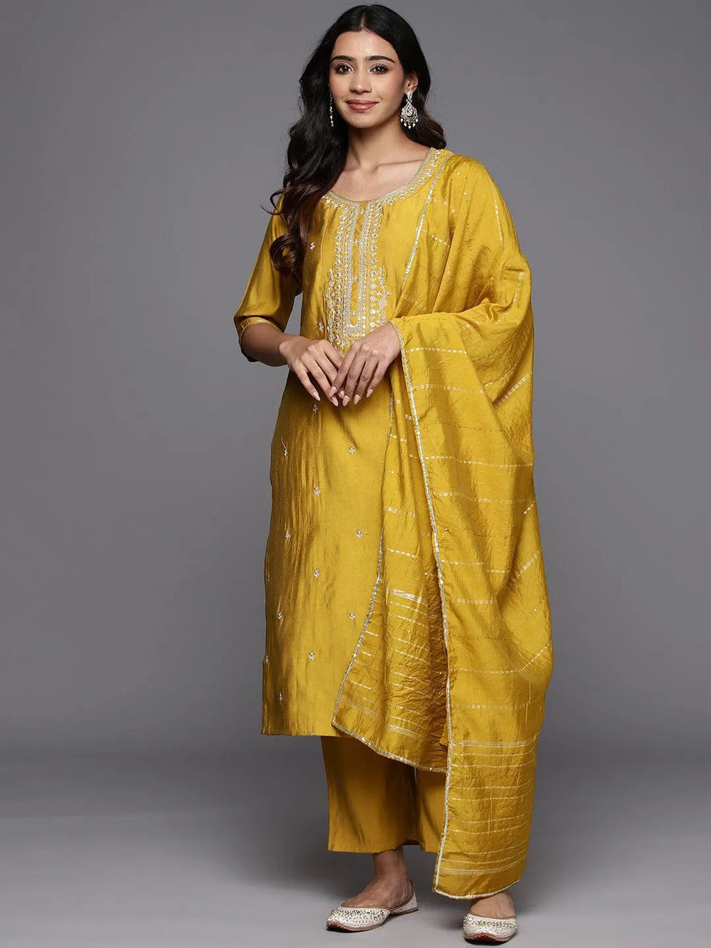 Gerua Mustard Yoke Design Silk Blend Straight Suit With Dupatta