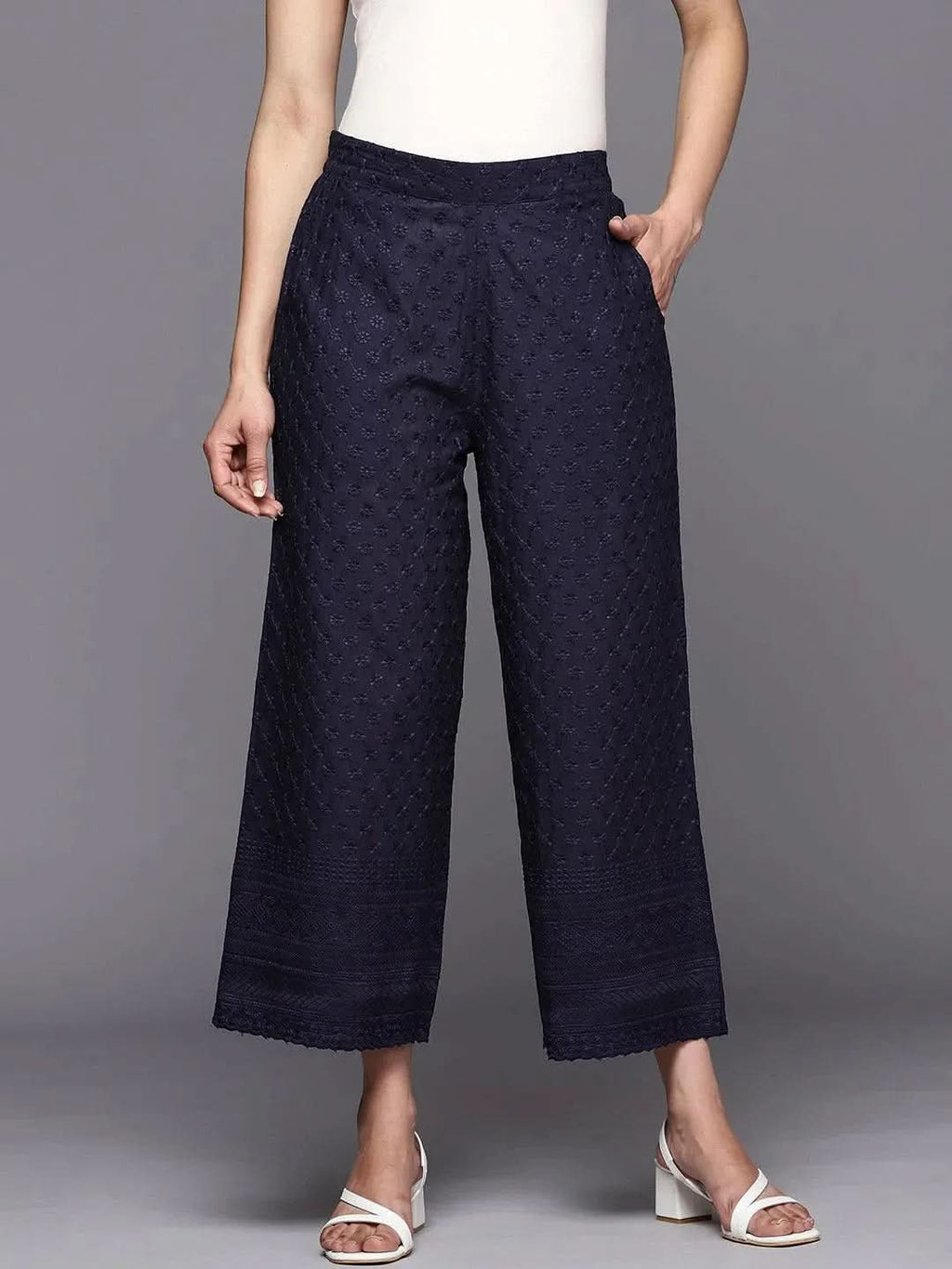 Libas Navy Blue Embroidered Cotton Palazzos