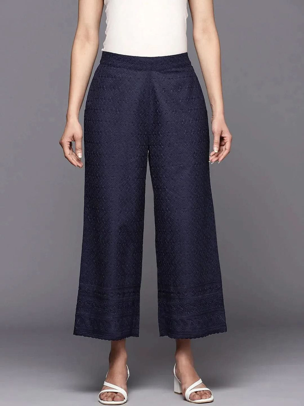 Libas Navy Blue Embroidered Cotton Palazzos