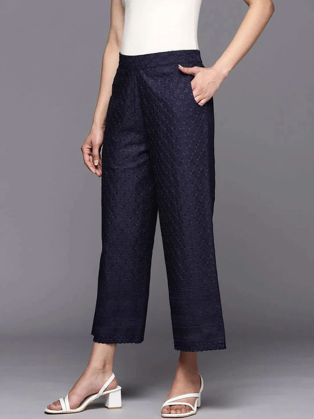 Libas Navy Blue Embroidered Cotton Palazzos