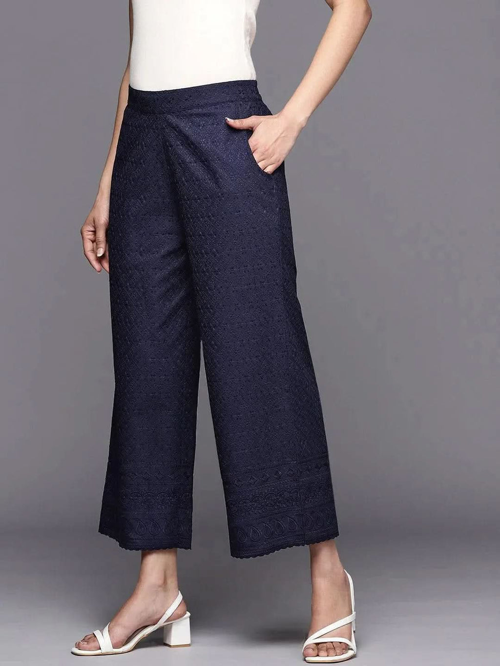 Libas Navy Blue Embroidered Cotton Palazzos