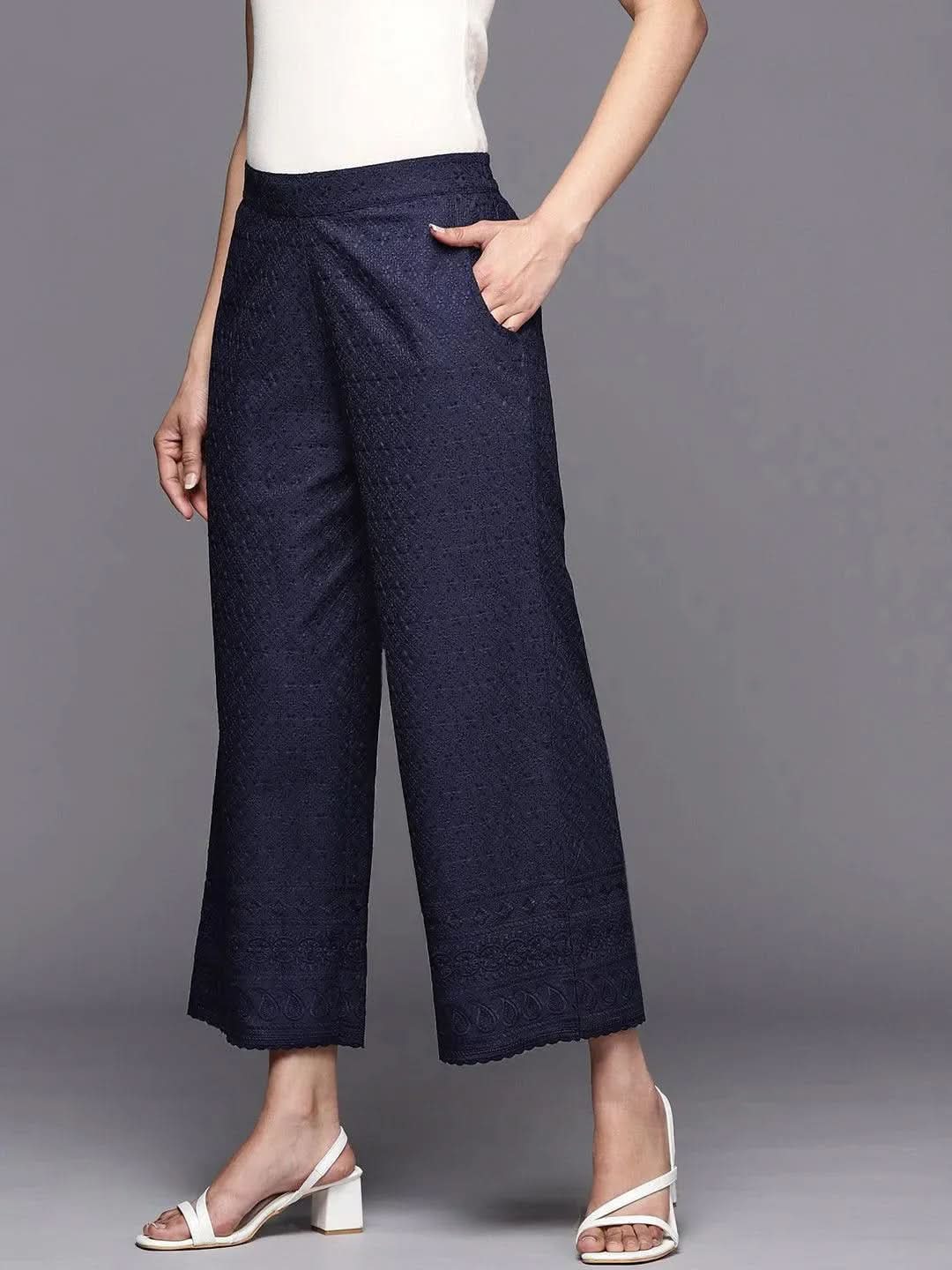 Libas Navy Blue Embroidered Cotton Palazzos