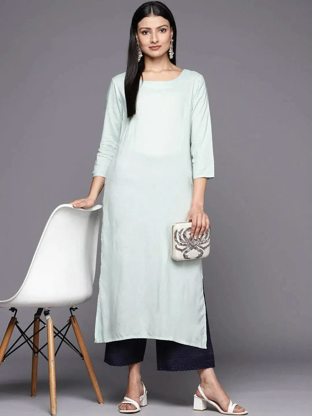 Libas Navy Blue Embroidered Cotton Palazzos